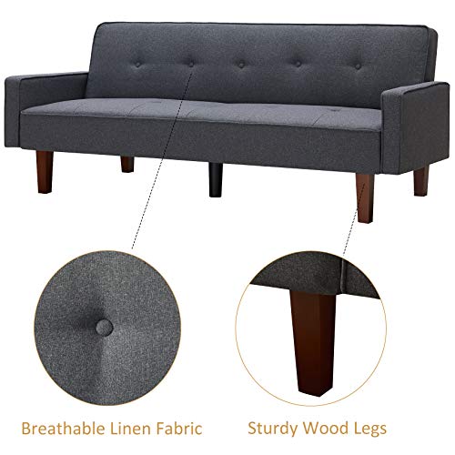 Olela Sofa Bed Convertible Sofa Couch Futon Sleeper Linen Fabric Reclining Sofa with Armrest Wood Legs for Living Room Furniture (Grey)