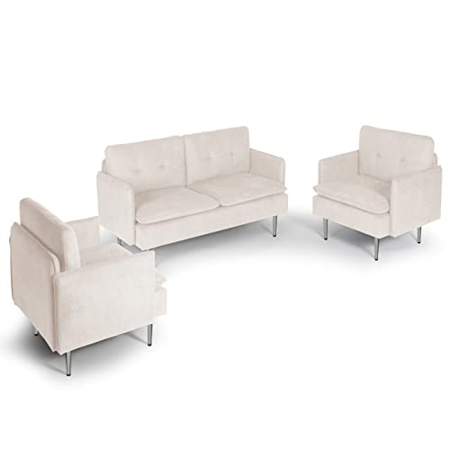 AODAILIHB Sofa Sets for Living Room 3 Piece Mid Century Modern Sectional Couch Set, Upholstered Loveseat and 2 Chairs Set for Home Office Small Space (3, Beige)