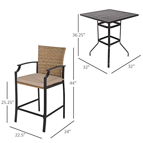 Outsunny 5-Piece Rattan Bar Table and 4 Chairs with Padded Cushions, Mixed Brown