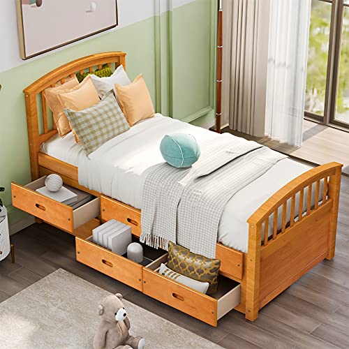 Twin Bed Frame with Storage Drawers, Solid Wood Captains Bed Frame,No Box Spring Needed (Oak Twin Bed with Drawers)