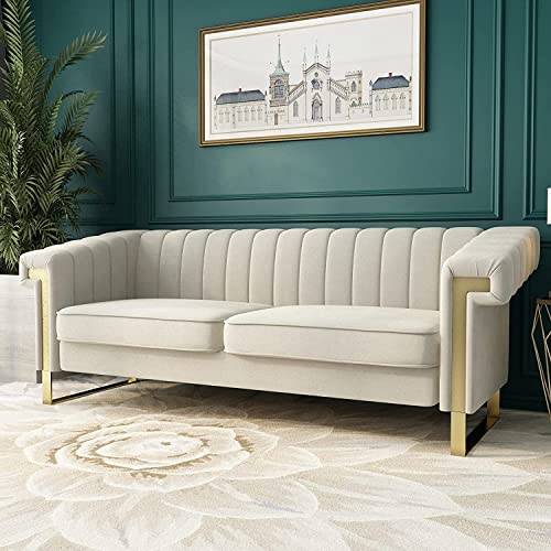 Chesterfield Sofa with Tufted Velvet Upholstered,Modern Velvet Couch with Flared Arms and Removable Cushions,83.85 Inch Width Living Room Furniture,Solid Wood Frame and Gold Legs,Beige