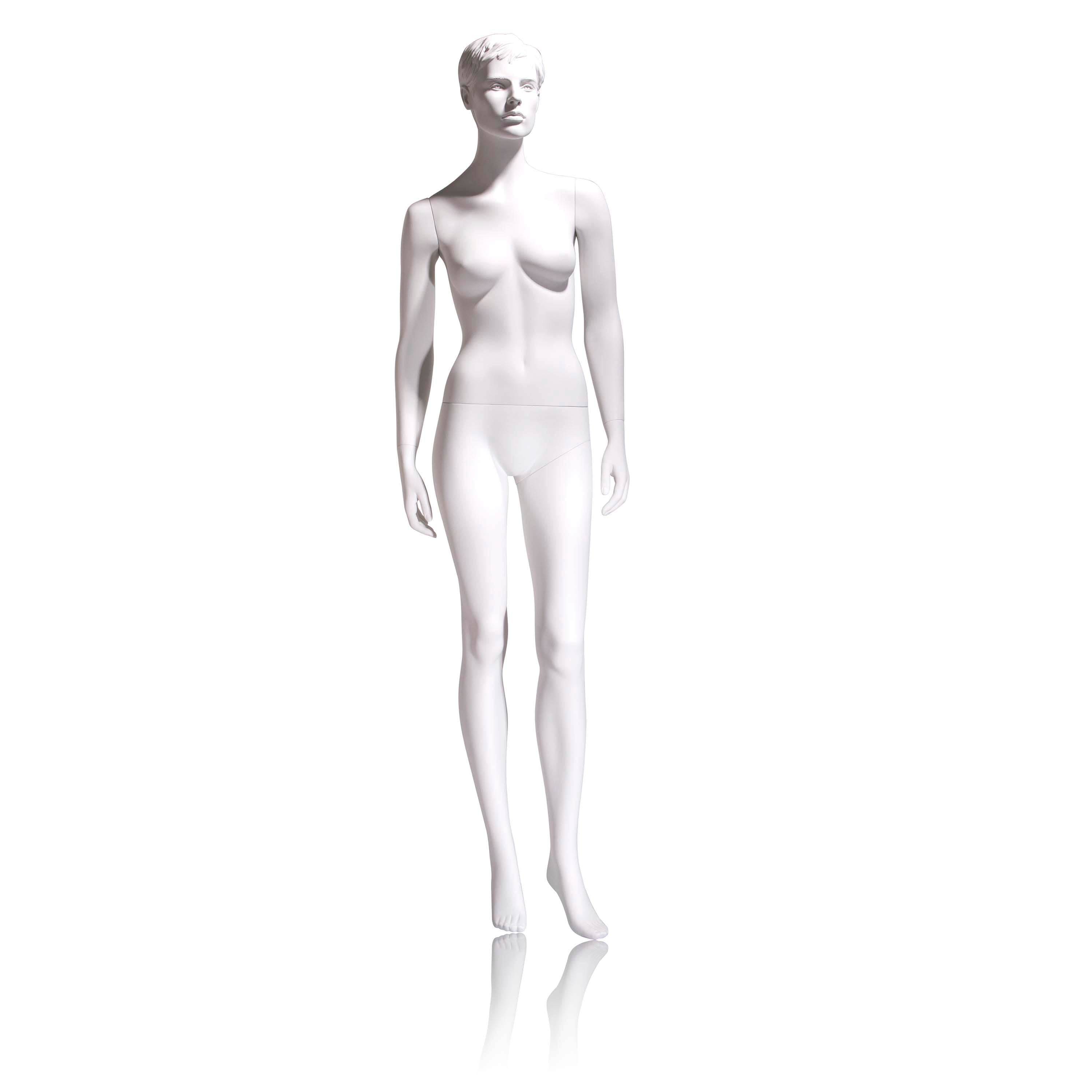 Econoco Female Mannequin - Molded Hair, Hands by Side, Left Leg Slightly Bent