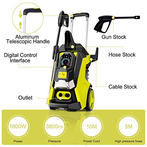 TEANDE 3800PSI Pressure Washer, TED5255 Smart Electric Pressure Washer 2.8 GPM Three Modes of Touch Screen Adjustable Pressure with Telescopic Handle