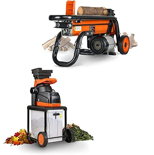 SuperHandy Wood Chipper Shredder Mulcher Silent Ultra Quiet Electric & Log Splitter Electric Portable 6 Ton Ram System 1-3/4eHP 15Amp 1500Watt Motor Horizontal [Bundle Deal]