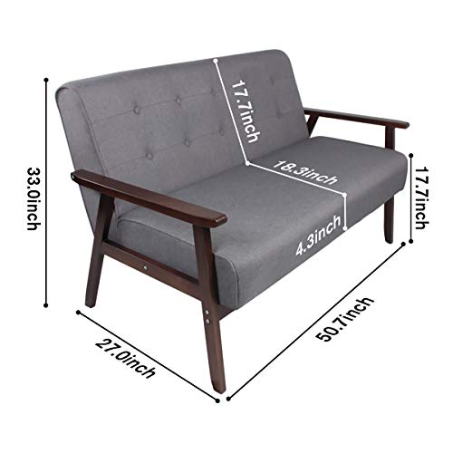 Sofa Set Living Room Couch Set Office Home Furniture Mid-Century Modern Fabric Wooden 2-Seater Loveseat Sturdy Wood Frame Lounge Chairs (2, Grey)