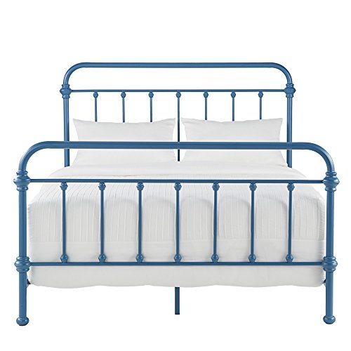 Modern Transitional Metal Bed with Curved Foot Headboards and Accented with Round Finials - Includes Modhaus Living Pen (King, Blue)