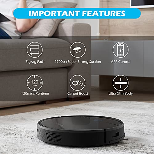 Robot Vacuum Cleaner - Tikom G7000, 2700Pa Suction, Gyroscope Smart Navigation, WiFi, Self-Charging, Boundary Strips Included, Quiet, Thin, Works with Alexa, Ideal for Pet Hair, Carpets, Hard Floors