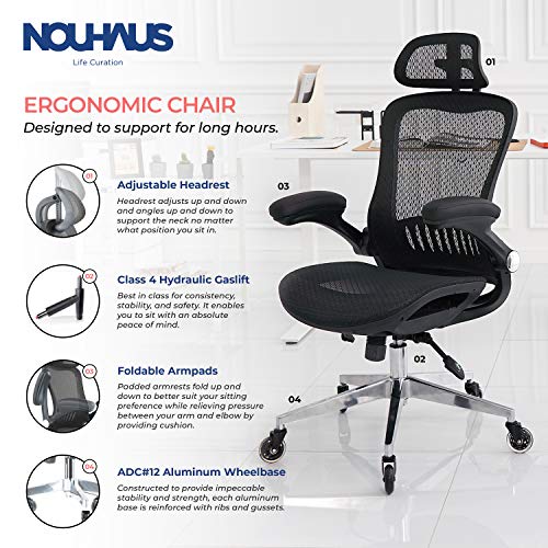 NOUHAUS ErgoFlip Mesh Computer Chair - Black Rolling Desk Chair with Retractable Armrest and Blade Wheels Ergonomic Office Chair, Gaming Chairs, Executive Swivel Chair/High Spec Base