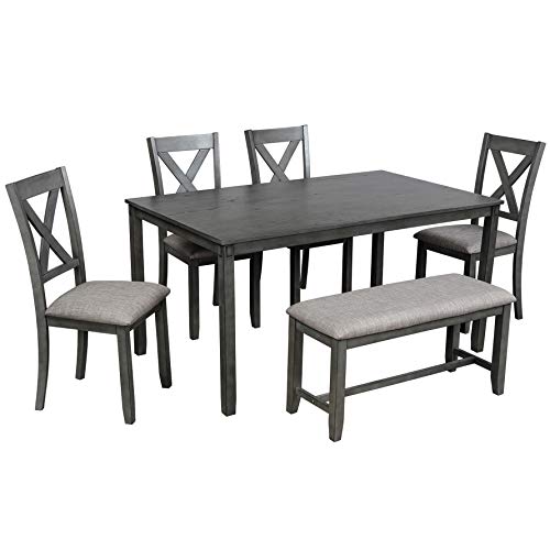 Harper & Bright Designs 6 Piece Dining Table Set,Wooden Dining Table Set with Bench and 4 Dining Chairs with Cushion, Kitchen Table Set for 6,Retro Style, Gray