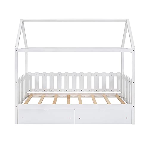 Daybed with Drawers Wood Toddler House Beach Bed Frame for Kids Twin Size Tent Bed Floor Bed, White