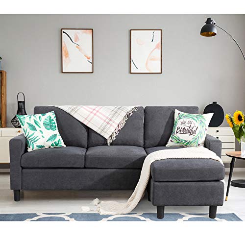 Shintenchi Convertible Sectional Sofa Couch, Modern Linen Fabric L-Shaped Couch 3-Seat Sofa Sectional with Reversible Chaise for Small Living Room, Apartment and Small Space (Dark Grey)