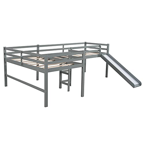 Loft Bed with Slide , Loft Bed Twin for 2 Kids, Wood L-Shaped Loft Bed Corner Bed Frame, Kids Loft Bed with Slide and Ladders, Grey