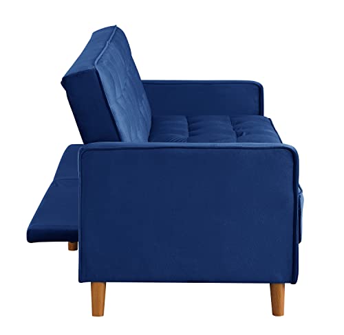 Velvet Sofa Bed Navy Blue,JULYFOX Mid Century Modern Couch Button Tufted 78 inch Wide 8 inch Thicker Futon Sofa Square Armrest Solid Wood Legs Heavy Duty Design