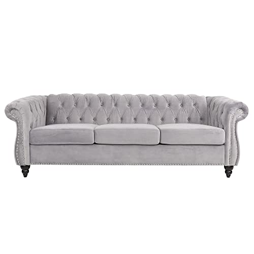 Modern 3 Seater Couch Velvet, Upholstered Sofa with Tufted Back, Roll Arm Classic Chesterfield Settee Couches for Living Room, Office (Gray)