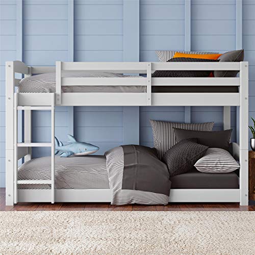 Dorel Living Phoenix Solid Wood Twin over Twin Floor Bunk Beds with Ladder and Guard Rail, White