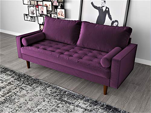 US Pride Furniture Set Mid-Century Square Arm Modern Style Fabric Velvet Soft Eggplant Purple Living Room 2 Seater Sofa with Removable Back Cushions & Solid Wood Support,S5452-5459