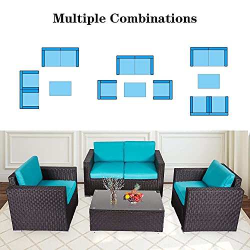 Kinsuite Convertible Sectional Sofa Couch Rattan Wicker 4 PCs Furniture Set with Table Washable Cushions Conversation Set for Living Room Blue