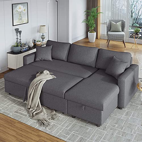 RINIMEI Upholstery Sectional Sofa W/Reversible Storage Chaise Lounge & 2Pillows, L-Shaped Corner Sofá with Pull-Out Sleeper Couch Bed Sofabed for Apartment Living Room Furniture Sets, Grey