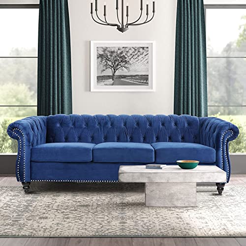 Chesterfield Sofa Couch with Velvet Upholstered Seat Cushions and Button Tufted Back, 84