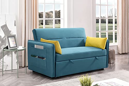 Livspace Velvet Sofa Bed with Pull Out Sleeper, Convertible Couches with Side Pockets and 2 Pillows, Adjustable, for Living Room Compact Spaces, Blue