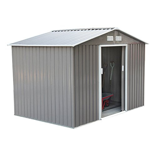 Outsunny 9' x 6' Metal Garden Shed Utility Tool Storage, Outdoor House for Backyard and Garden, Grey and White