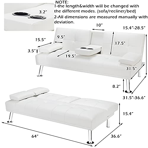 POWERSTONE Leather Futon Sofa Bed Convertible Folding Couch for Living Room Sectional Sleeper Sofa for Small Space with Cup Holder and Removable Armrest White