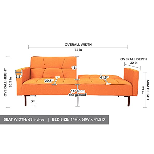 Casa Andrea Milano LLC Modern Plush Tufted Linen Fabric Splitback Living Room Sleeper Futon, Small, Orange