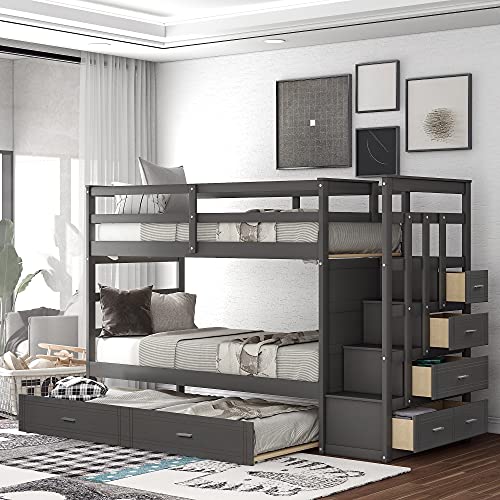 Wood Twin Bunk Bed for Kids, Twin Over Twin Bunk Bed Frame with Trundle and Staircase, Grey