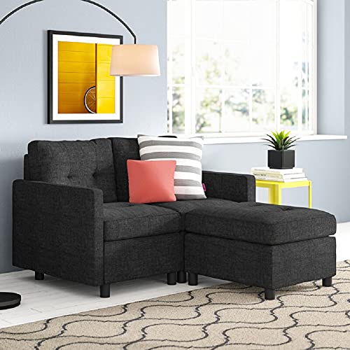 L-Shaped Sectional Sofa Set Modern Couch Reversible Modular Futon Couch Furniture with Storage Ottoman Small Sectional Couch Sofa for Small Space Living Room (Dark Gray 2 Seat)