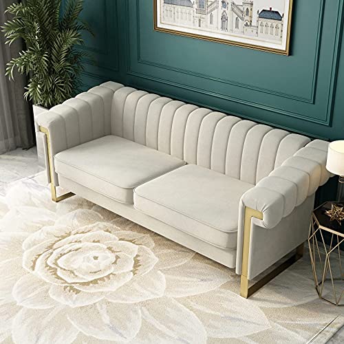 Chesterfield Sofa with Tufted Velvet Upholstered,Modern Velvet Couch with Flared Arms and Removable Cushions,83.85 Inch Width Living Room Furniture,Solid Wood Frame and Gold Legs,Beige