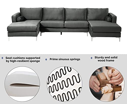 L-Shape Sofa Modern Stylish Elegant Velvet Upholstered Sectional Sofa with Two Pillows Home Villa Living Room Furniture Set U-Shape Symmetrical 4 Seaters Sofá Couch W/Double Wide Chaise Lounge Black