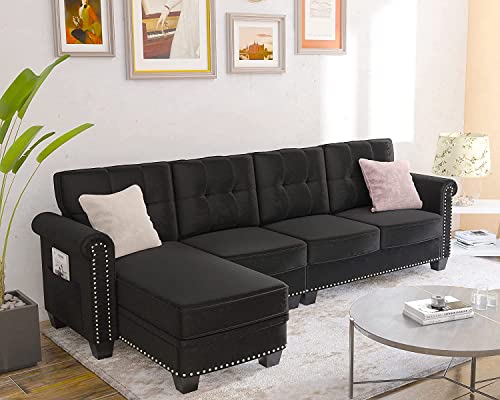 RINIMEI 4-Seat Upholstered Convertible Sectional Sofa Couch with Movable Storage Ottoman, Handy Side Pocket, Scrolled Arms & Nailhead Decor for Home Apartment Compact Space Living Room Furniture Set
