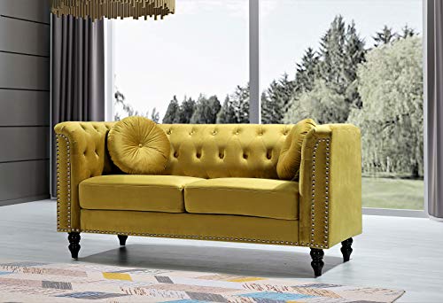 US Pride Furniture High Density Foam 64.17'' Wide Golden Velvet Rolled Arm Chesterfield Living Room Loveseat with Removable Cushion & Solid Wood Legs (S5608-5613) Sofas, Strong Yellow