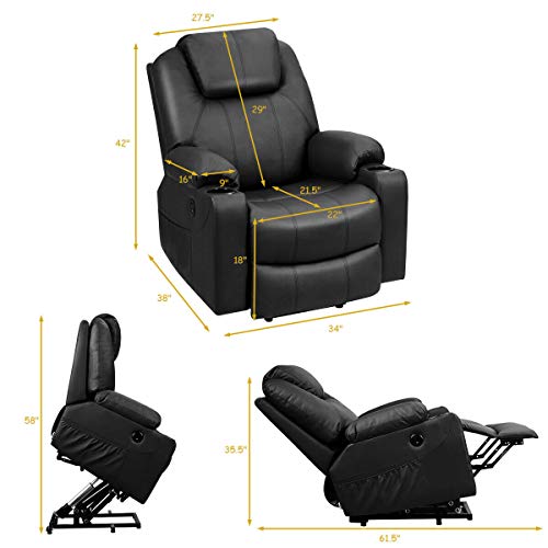 Giantex Power Lift Recliner Chair for Elderly, Faux Leather Electric Recliner w/Massage and Heating, 3 Positions, Side Pockets and Cup Holders, USB Ports, Remote Control, Motorized Home Theater Seat