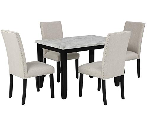 5-Piece Dining Table Set, Rectangular Dining Table with 4 Thicken Cushion Dining Chairs, Faux Marble Dining Room Table Set, White/Beige