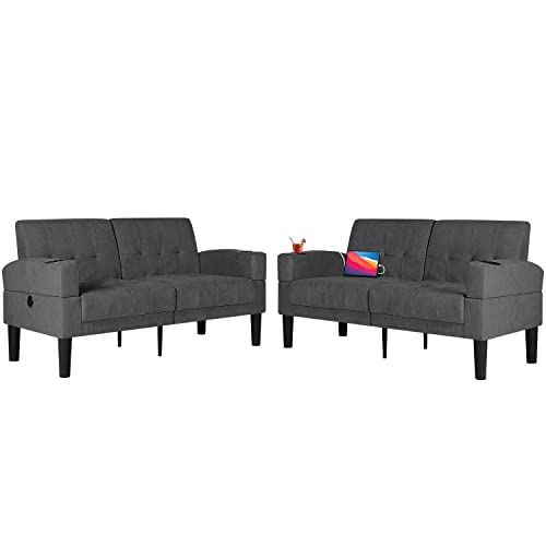 TYBOATLE Linen Upholstered Modern USB Love Seats Sofa Set of 2, Fabric Loveseat Furniture with/Removable Armrests, 2 Cup Holders, Suitable for Compact Living Room Space, Apartment, Dorm (Dark Grey)