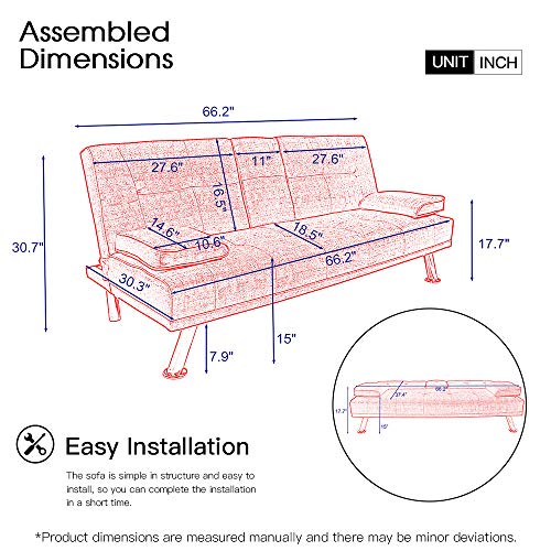 Hooseng Frabic Convertible Futon Sofa Bed 2 Cupholders with Armrest & Fold Up & Down Recliner Couch with Cup Holders, Gray