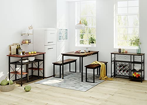 Rustic 5-Piece Kitchen Dining Table and Bench Set with Kitchen Island and Wine Rack Table, Dining Room Furniture Set for Small Place, Brown