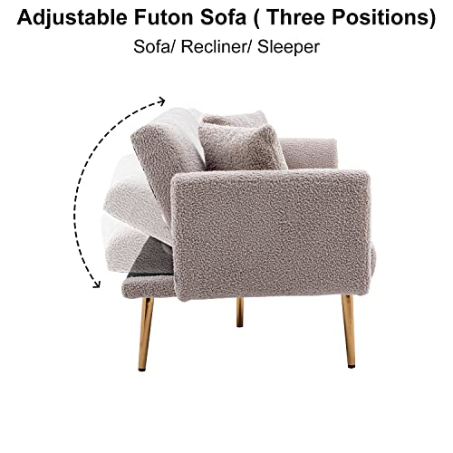 Homtique Convertible Futon Sofa Bed Sherpa Fabric Sofa Couch with 2 Pillows, Folding Reclining Futon Couch for Living Room, Apartment, Bedroom, Bonus Room, Adjustable Loveseat with Armrests