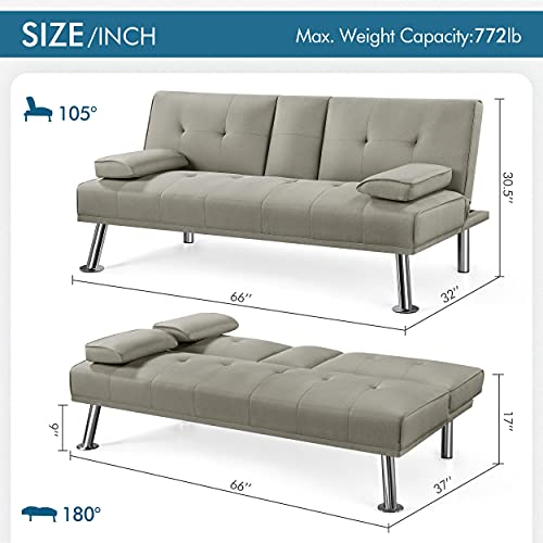 Yaheetech Linen Fabric Sofa Bed Modern Couch Bed Folding Recliner Sleeper Reversible Loveseat Convertible Daybed Sofa w/ 2 Cup Holders Removable Armrests 3 Adjustable Angles 772lb Capacity Beige