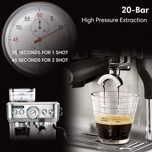 Espresso Machine with Grinder & Steam Wand, 20 Bar Semi Automatic Machine Latte and Cappuccino Coffee Maker All in One Espresso Machine For Home Barista, Brushed Stainless Steel
