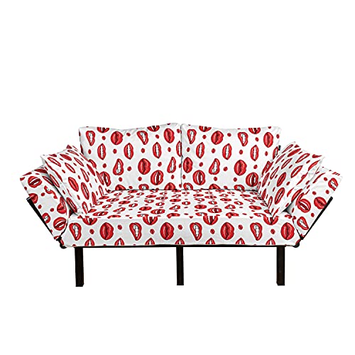 Ambesonne Vintage Futon Couch, Various Women Lip Forms in Several Gestures Sad Nervous Happy Female Print, Daybed with Metal Frame Upholstered Sofa for Living Dorm, Loveseat, Vermilion and White
