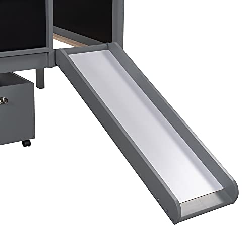 Kids Loft Bed with Slide, Twin Size Wooden Low Loft Bed Frame with Two Storage Boxes for Boys & Girls, Gray