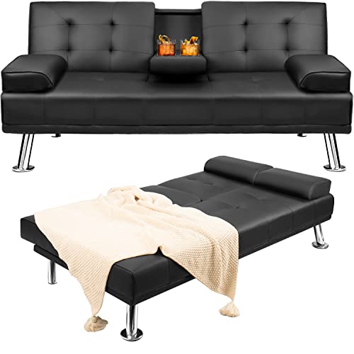 Pawnova Futon Sofa Bed, Modern Faux Leather Convertible Folding Lounge Couch for Living Room with 2 Cup Holders Removable Soft Armrest and Sturdy Metal Legs, Attractive Black