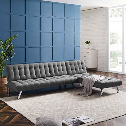 ATY Reversible Sectional Sofa Bed, L Shape Button Tufted Sleeper Couch with Chaise Lounger and Metal Legs, for Living Room, Office, Dark Grey