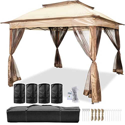 LOVSHARE Outdoor Canopy Gazebo 11x11ft with Four Sandbags - Pop Up Gazebo with Netting - Patio Gazebo Brown for Backyard, Outdoor, Patio and Lawn