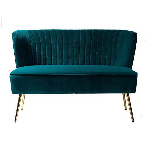 Mid-Century Velvet Loveseat 2 Seater Chair Upholstered Small Armless Sofa with Metal Legs for Living Room Bedroom and Apartment, Teal