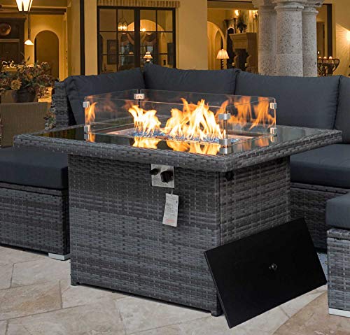 NICESOUL 43'' Outdoor Patio Propane Fire Pit Table Gray PE Wicker 55,000 BTU Auto-Ignition Dural Heating Rectangle Firepits 8mm Glass Tabletop & Blue Stone,CSA Certification (Wind Glass+Table Cover)