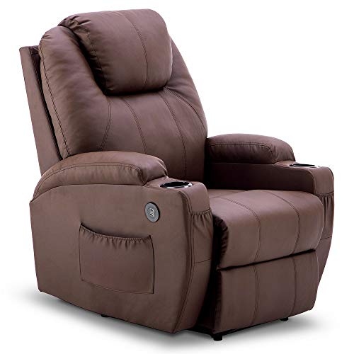Mcombo Electric Power Recliner Chair with Massage and Heat, 2 Positions, USB Charge Ports, 2 Side Pockets and Cup Holders, Faux Leather 7050 (Not Lift Chair) (Light Brown)