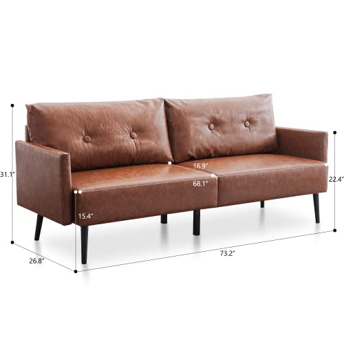 Vonanda Leather Sofa Couch, Modern Faux Leather Upholstered Sofa with Straight Armrest, 3 Seater Couch for Small Spaces Living Room, Brown